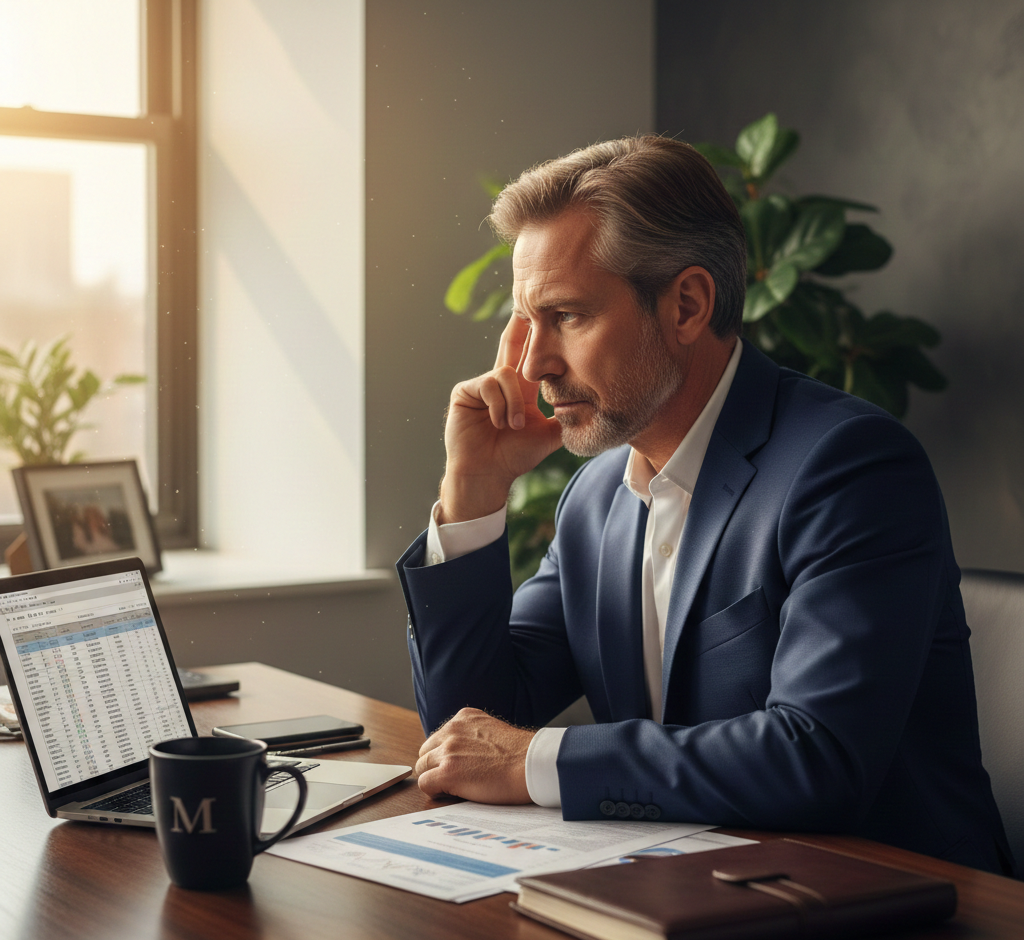 Contemplative business executive at desk with laptop and family photo representing professional life after suicide loss