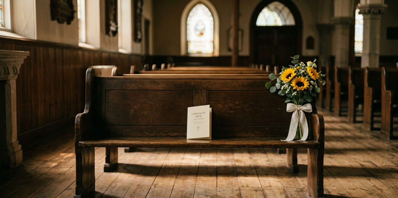 An empty church pew with sunflowers during a funeral service, representing death rituals and grief after suicide loss."