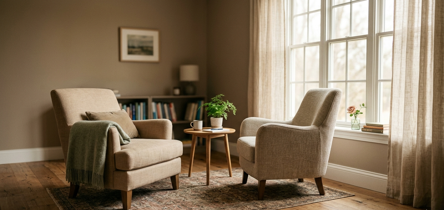 Quiet, softly lit therapy room with two chairs near a window, evoking the calm and safety of a first step toward healing after loss.