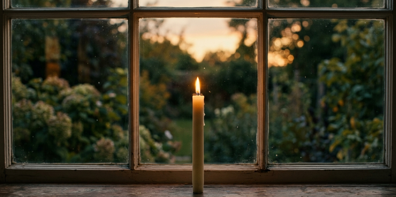 Suicide loss anniversary remembrance: a candle burning on a windowsill in golden light.