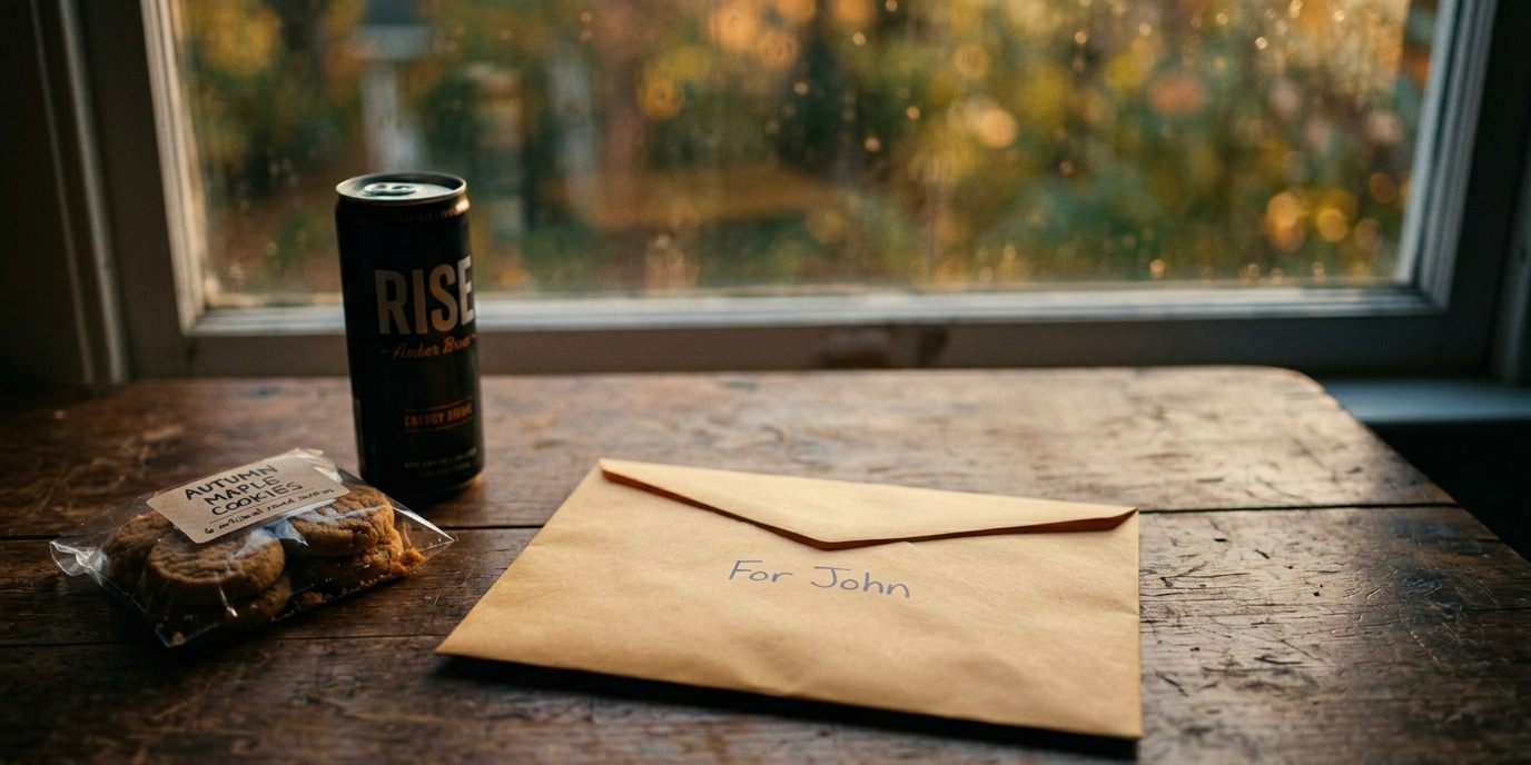 Cinematic photograph of an envelope beside cookies and an energy drink in autumn window light, evoking the everyday grief ambush triggers that survivors of suicide loss encounter.