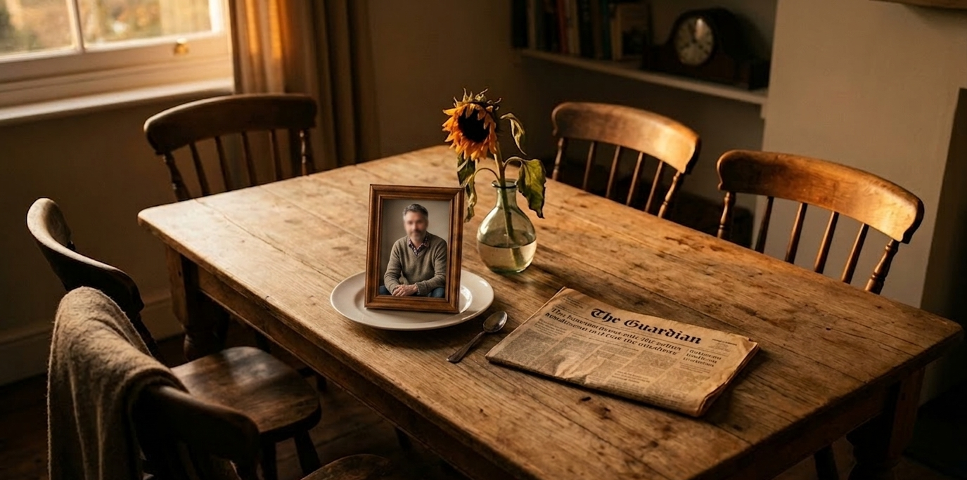 A cinematic overhead photograph of an empty dining table with three chairs pulled back, a single wilting flower in a small vase, and a photo of a missing family member, evoking the quiet absence and grief that fills a family home after a loss.