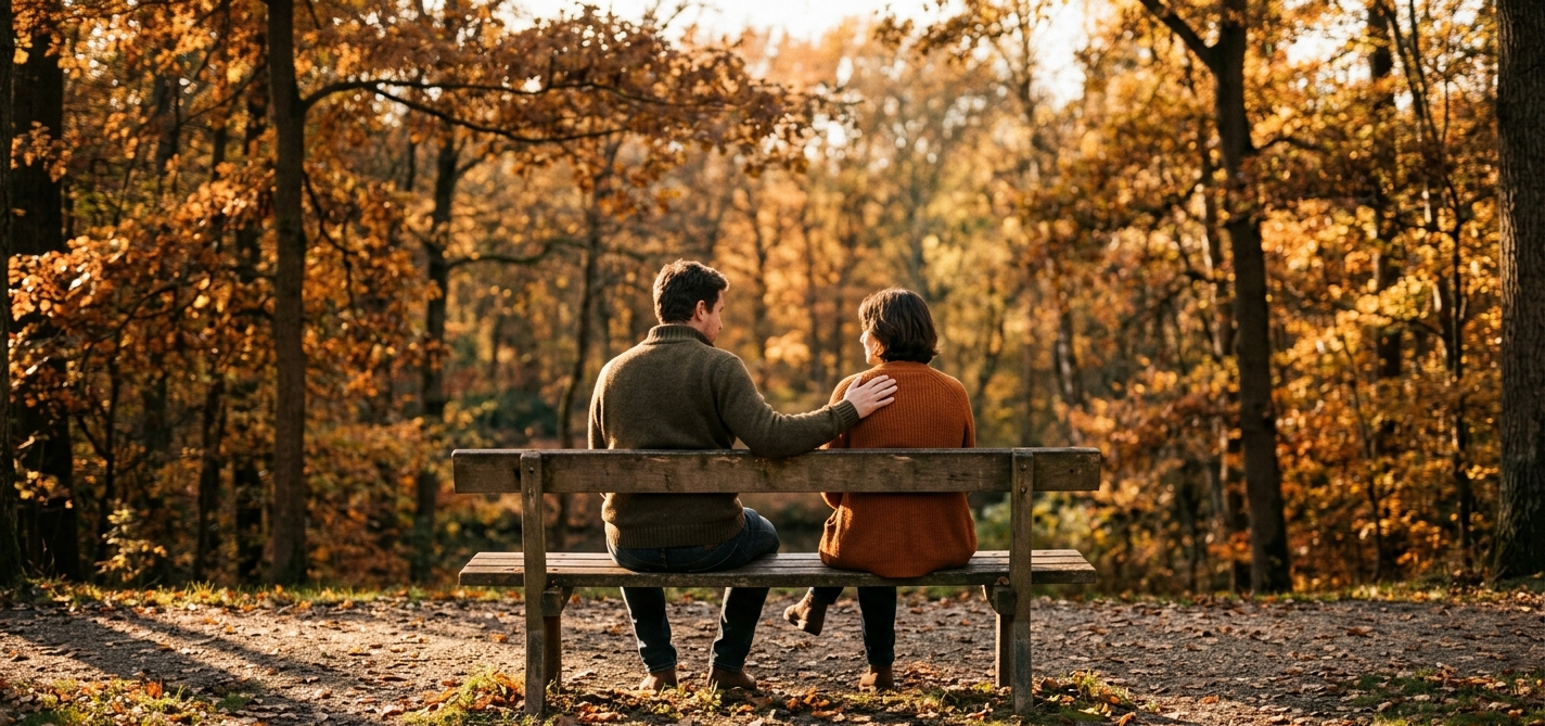 Two people sitting together on a bench in soft autumn light, one with a hand on the other's shoulder, a simple image of presence and support after loss.