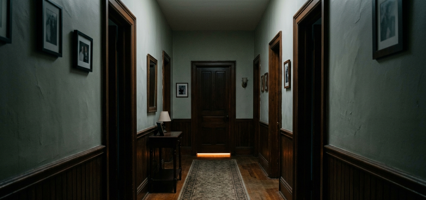 Quiet hallway with soft light under a closed door at dusk, representing questions survivors carry after suicide loss