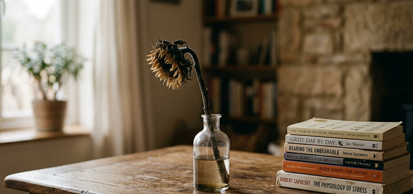 A single dried sunflower bowed in a glass vase on a wooden table, soft natural light, quiet and sorrowful — an image for suicide loss survivors sitting with grief.