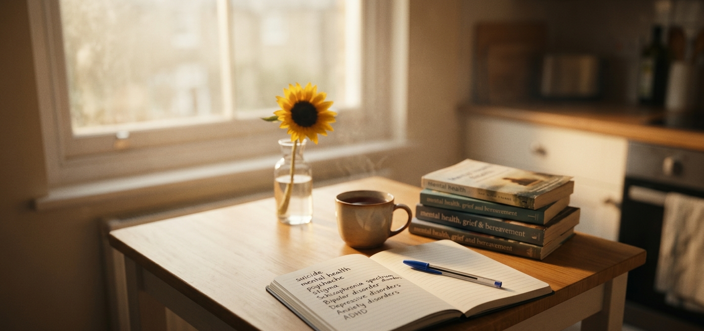 Soft morning light through a window, representing stillness and reflection on mental health and suicide loss.