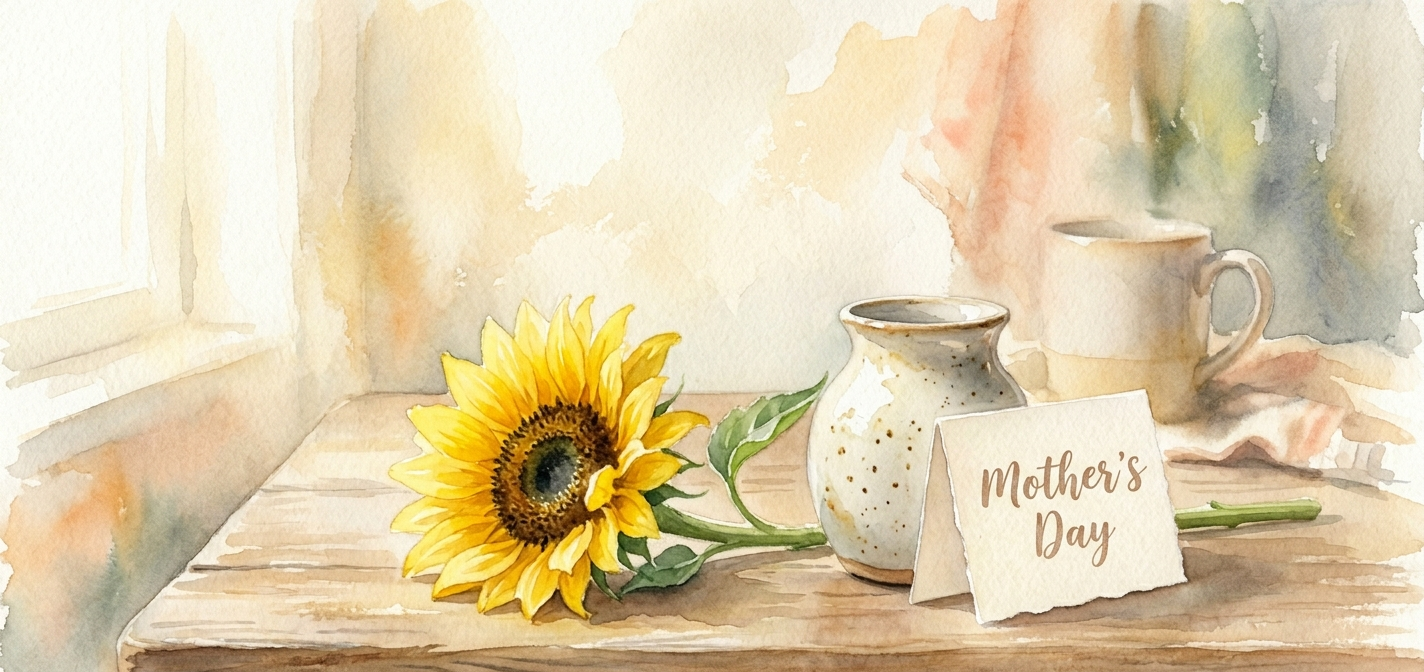 A single sunflower beside a card on a quiet morning table, representing grief and remembrance on Mother's Day after suicide loss.
