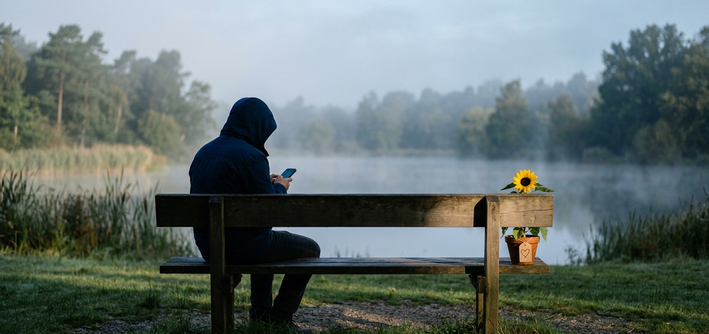 Cinematic photograph of a misty park bench at the edge of a still pond at dawn, evoking the solitary and unwitnessed grief of losing a friend to suicide.