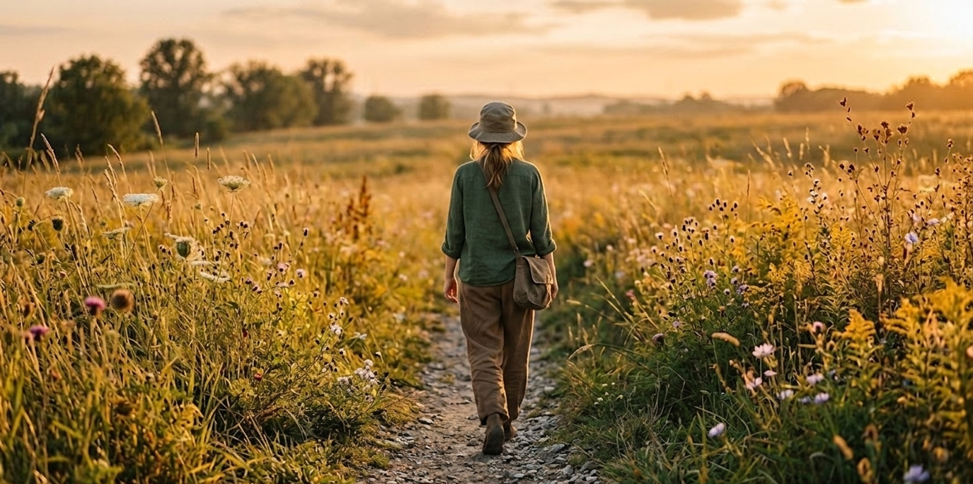 A quiet path through summer wildflowers in warm golden-hour light, representing the search for understanding after suicide loss.