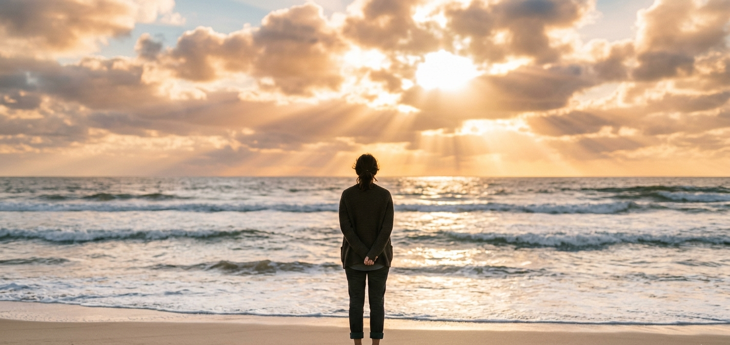 A survivor standing at the beach at golden hour, representing acknowledgement and healing after suicide loss.