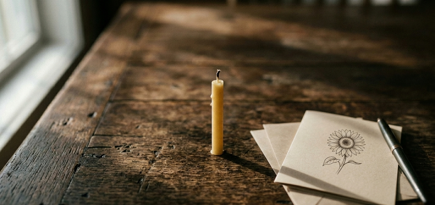 A single unlit birthday candle on a quiet wooden table in natural light, a still image of a birthday held in remembrance.
