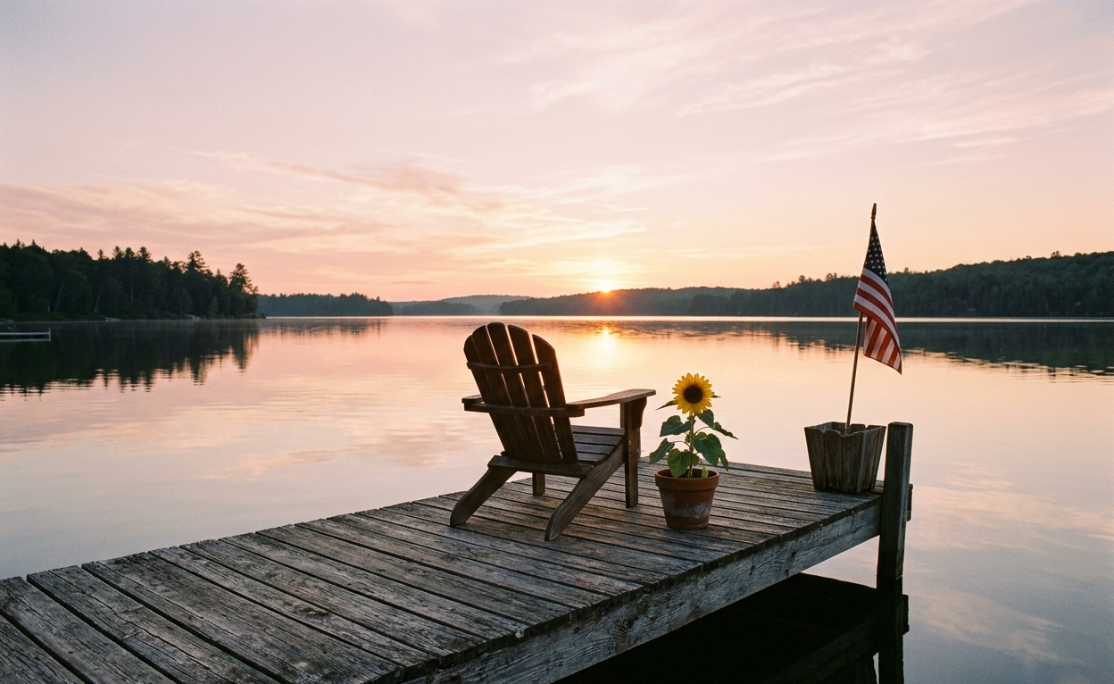 Empty chair on a summer dock with a flag, quiet Memorial Day remembrance after loss