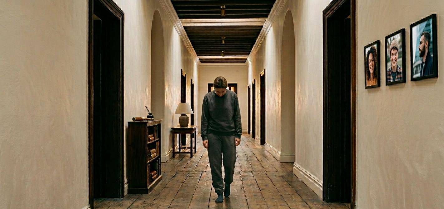A long corridor with warm light visible at the far end, representing the distance of healing and the persistence of hope after trauma.