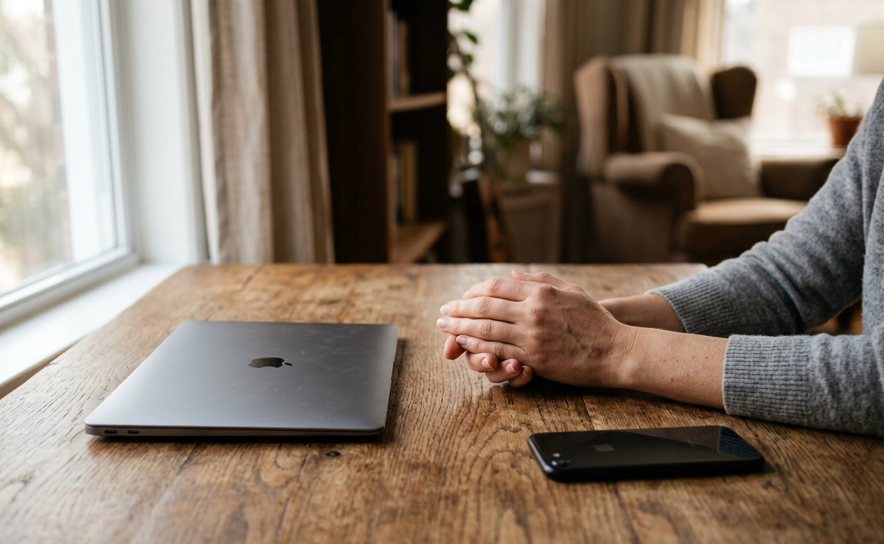 Hands resting near a phone and laptop, conveying the pause before accessing a device after suicide loss.