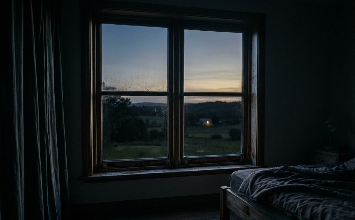 A bedroom window at early dawn light, conveying the hope of rest after a long night of grief insomnia.