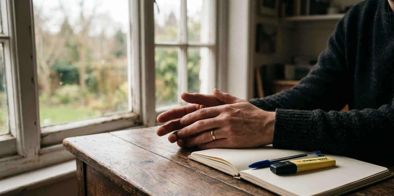 Open hands resting on a blank book on a quiet desk near a window, soft natural light, conveying the stillness of grief fog.