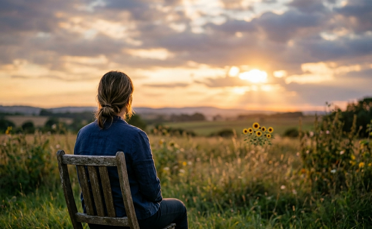 Sitting in a field in golden hour light, representing long-term grief after suicide loss and the persistence of hope.
