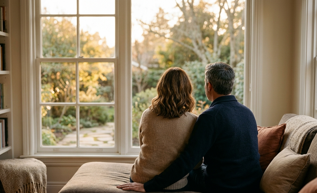 Two people sitting close together in warm afternoon light, representing intimacy and connection after loss.
