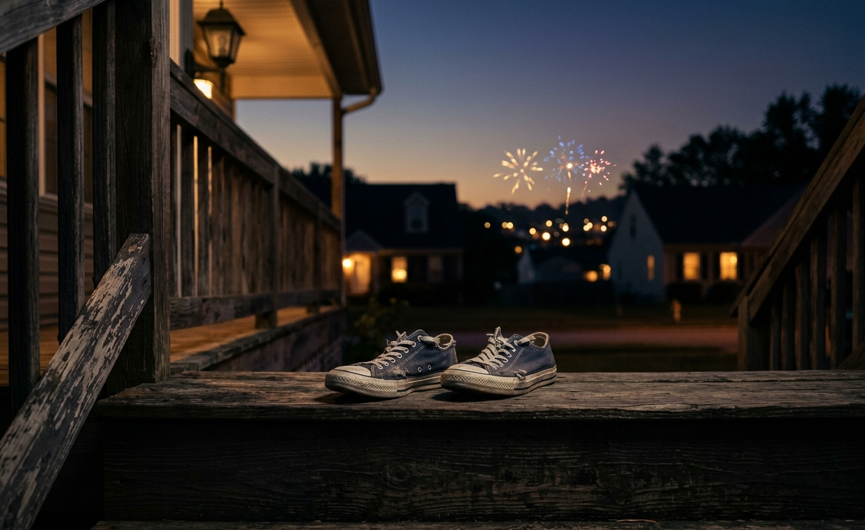 Quiet porch at dusk with blurred neighborhood lights, Fourth of July after suicide loss