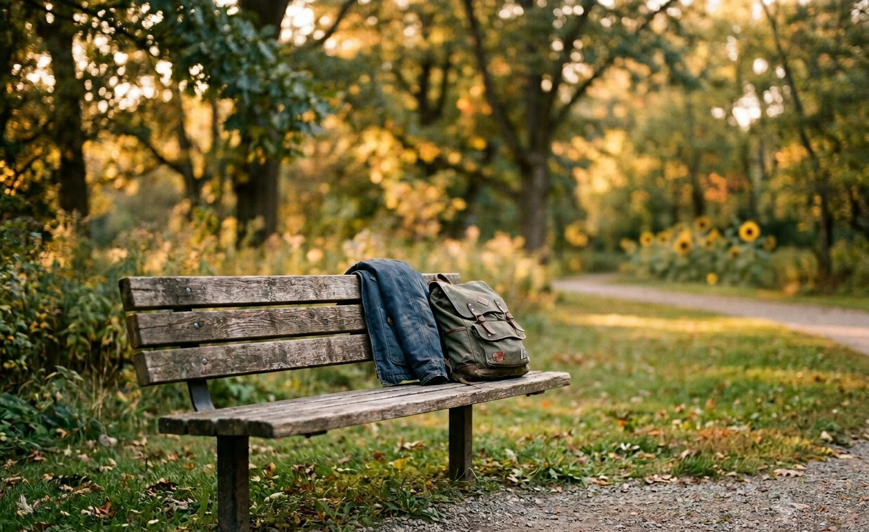 A wooden park bench in late afternoon light with a folded jacket, representing grief after losing someone to suicide in your 20s