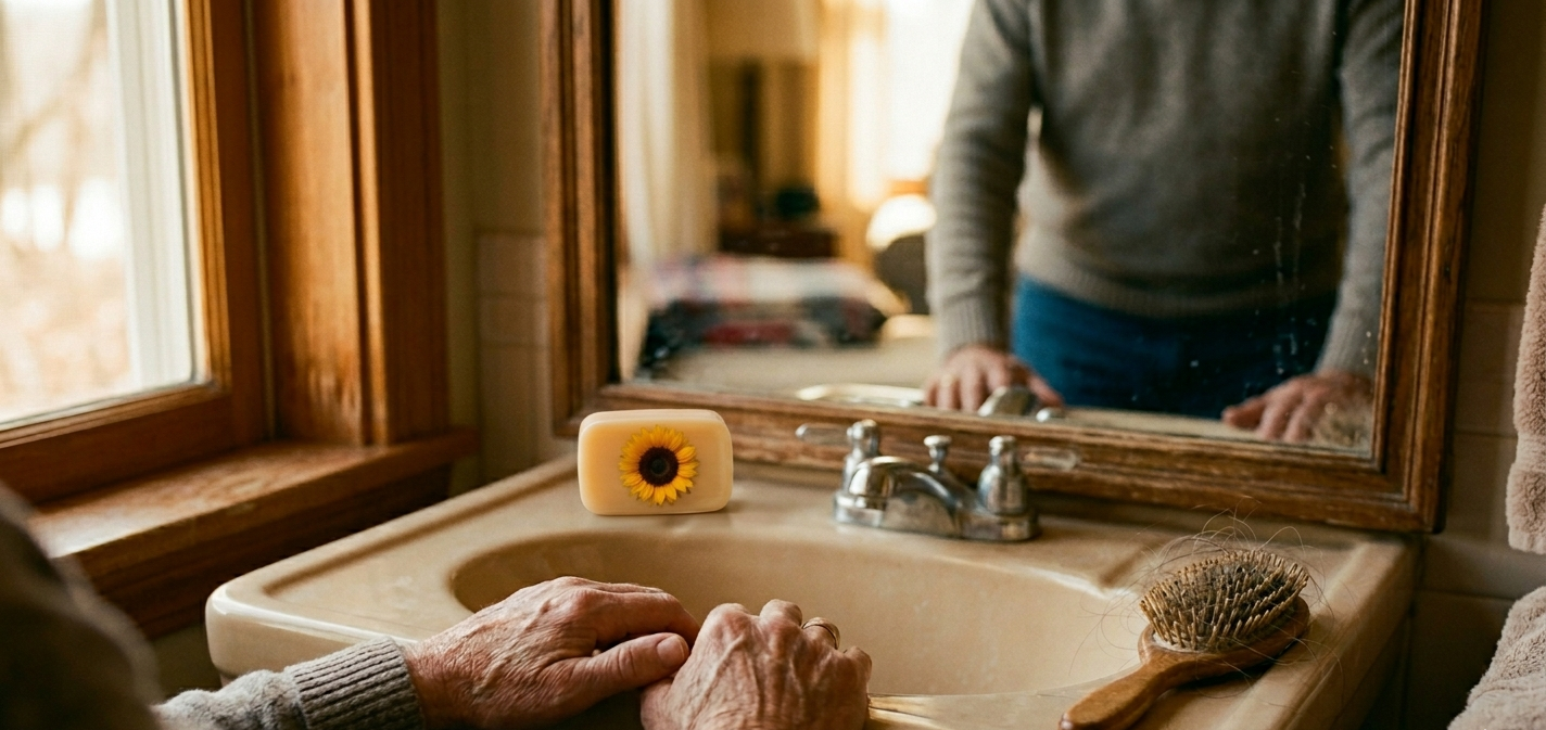Quiet hands resting in soft light, symbolizing rest and physical care after suicide loss grief.