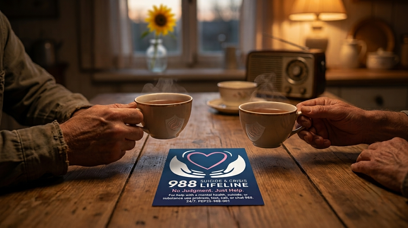 Two hands holding cups of tea across a quiet table at dusk, suggesting a steady, private conversation about suicide crisis.