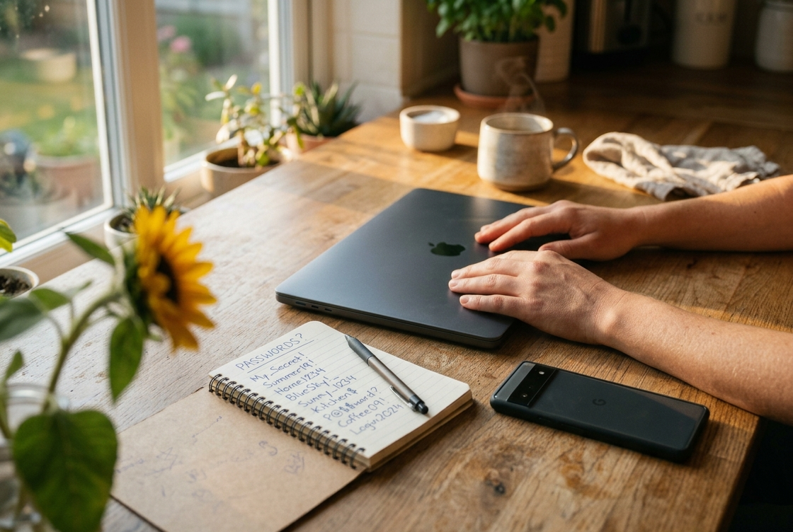 Hands resting on a closed laptop near a sunflower, representing digital legacy after suicide loss.