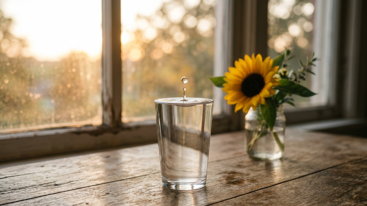 A glass of water full to the brim with a sunflower nearby, representing the accumulation behind why suicide happens.