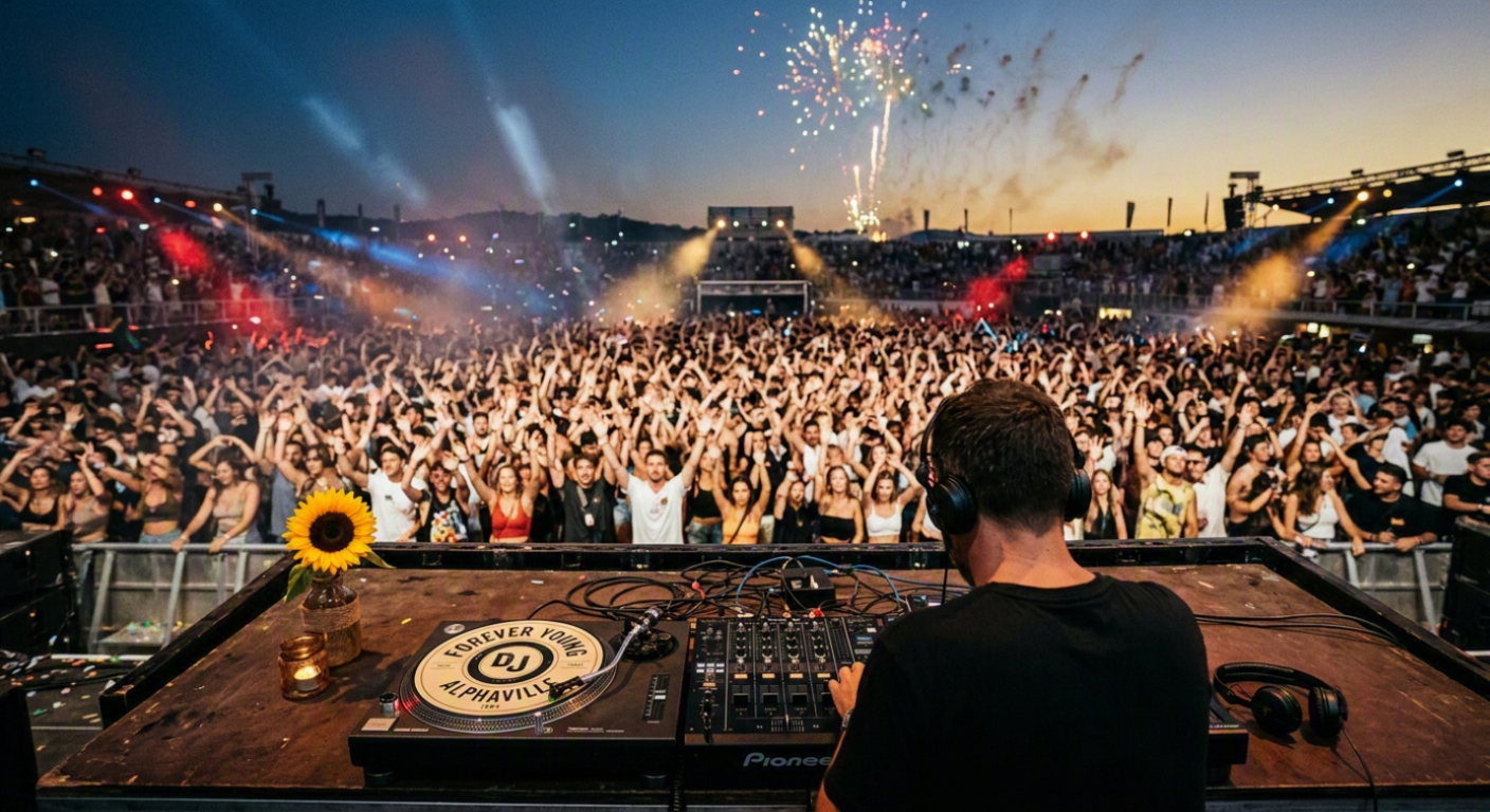 View from a DJ booth over a sunset arena crowd with hands raised, fireworks overhead, and a sunflower beside a turntable spinning a record labeled 'Forever Young.'