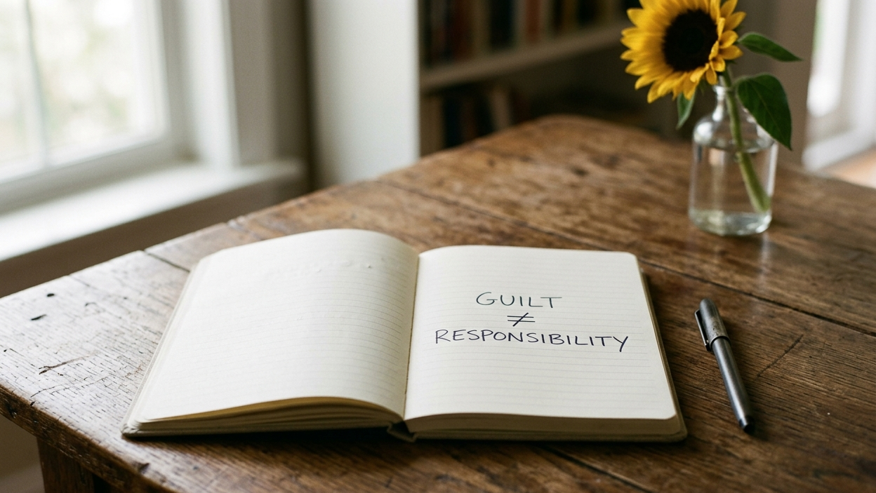 Open notebook reading "guilt does not equal responsibility" beside a small sunflower on a desk.