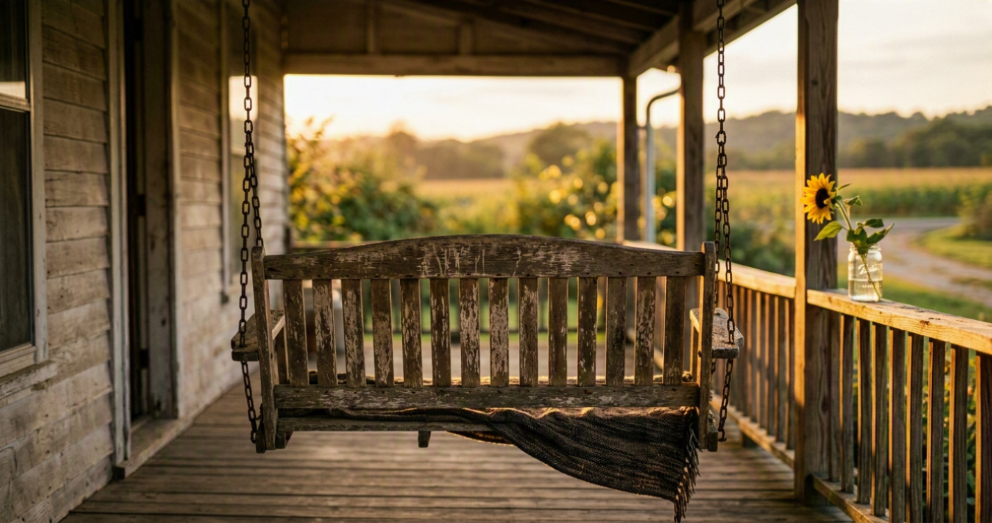 Cinematic photograph of an empty porch swing at golden hour with a sunflower in the background, evoking quiet remembrance and a grandparent's grief after suicide loss.