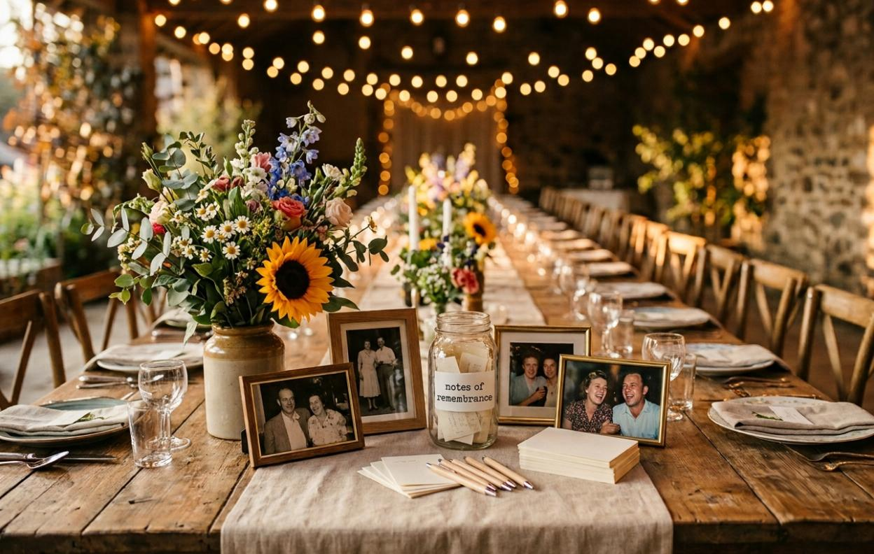 Cinematic photo of a gathering table with string lights, framed photos, a memory jar, note cards, and a vase of spring flowers with a sunflower, set for a celebration of life.