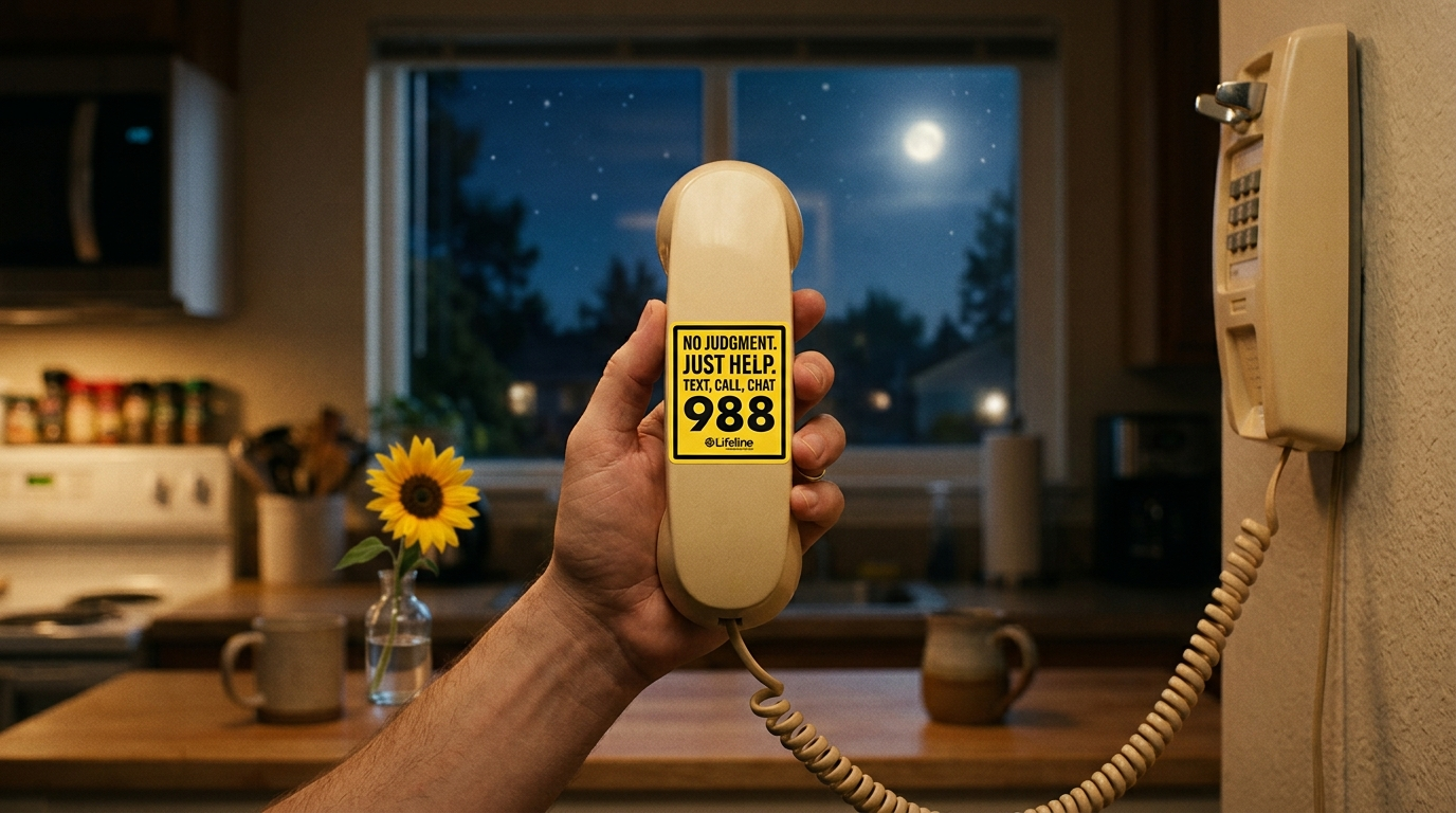 A hand reaching for the kitchen phone at night suggesting warmth and connection, representing 988 support for suicide loss survivors.
