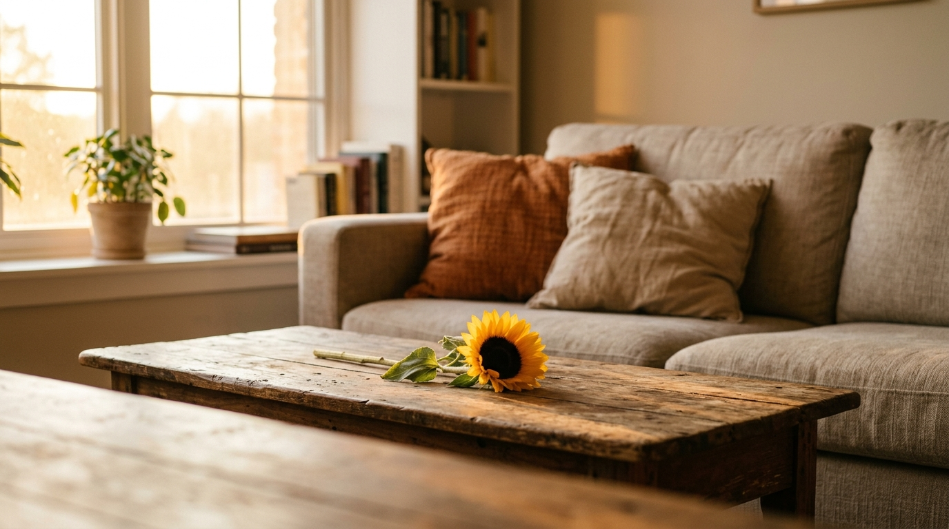 A sunflower resting on a living room table in golden light, evoking the quiet relief that can follow suicide loss.