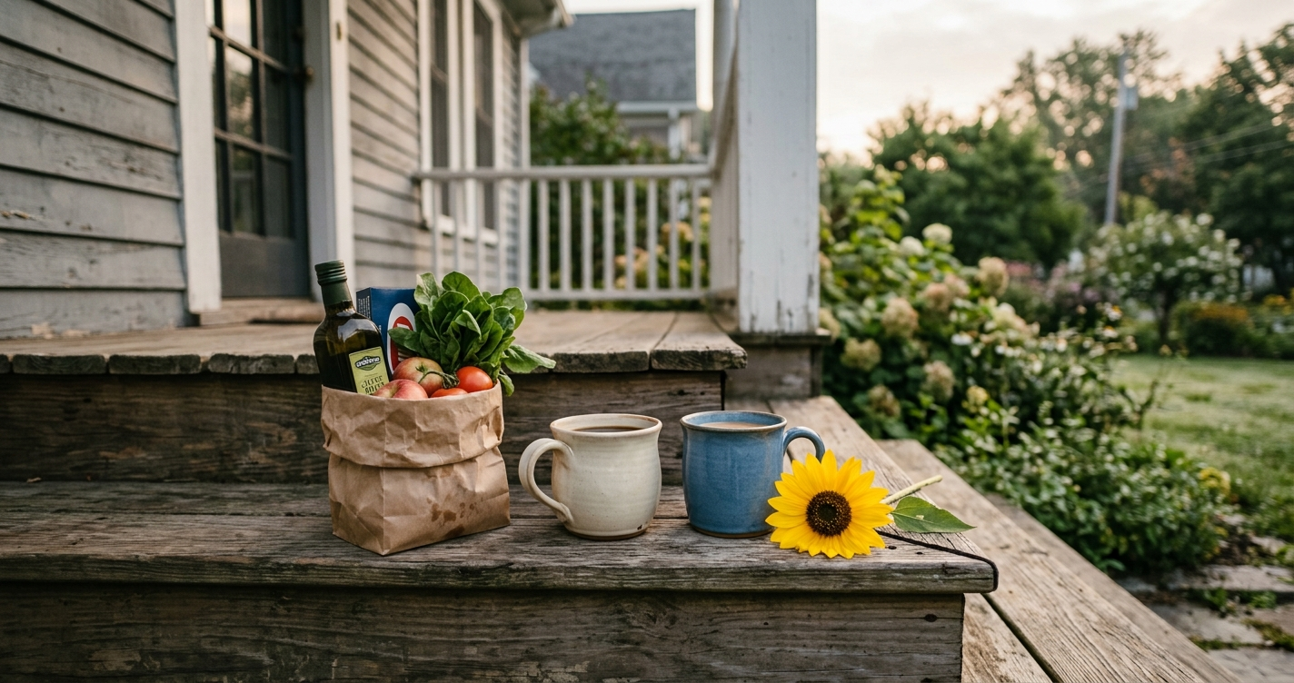 Two coffee cups, some groceries and a sunflower left on a porch step, a quiet gesture of support after suicide loss.
