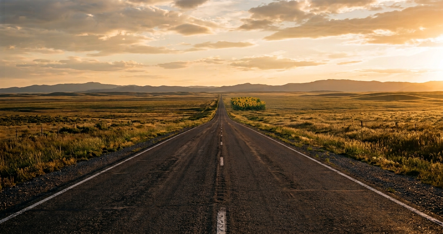 Empty road at golden hour, representing the suspension of grief and blame after suicide loss