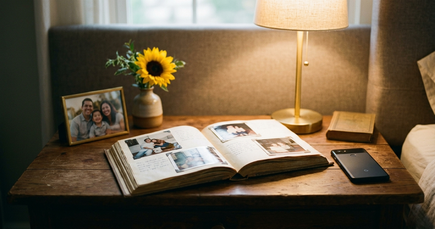 Photo album open on a nightstand in warm lamp light, evoking preserving photos and videos after suicide loss.