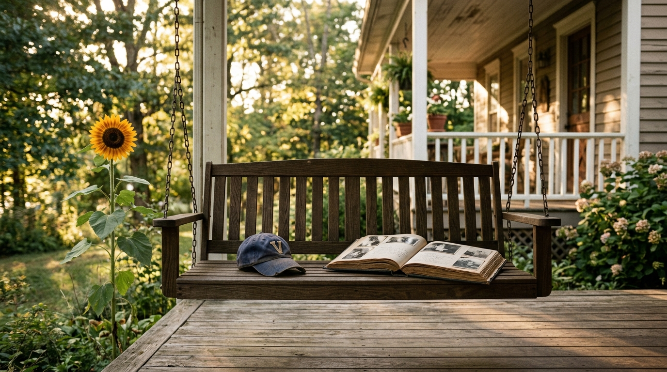 An empty porch swing at sunrise, evoking a parent's quiet grief after suicide loss.