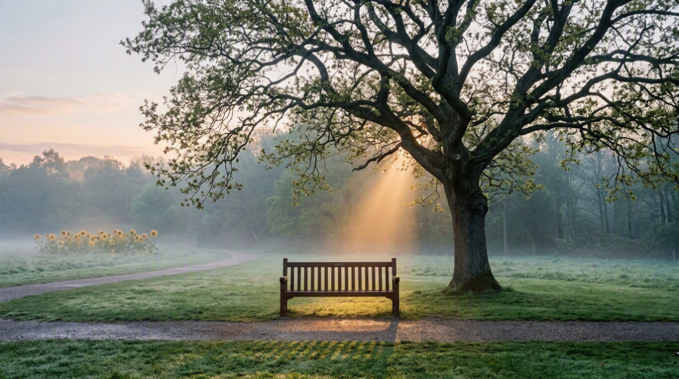 Empty bench in soft morning light, symbolizing reflection on suicide prevention and guilt.