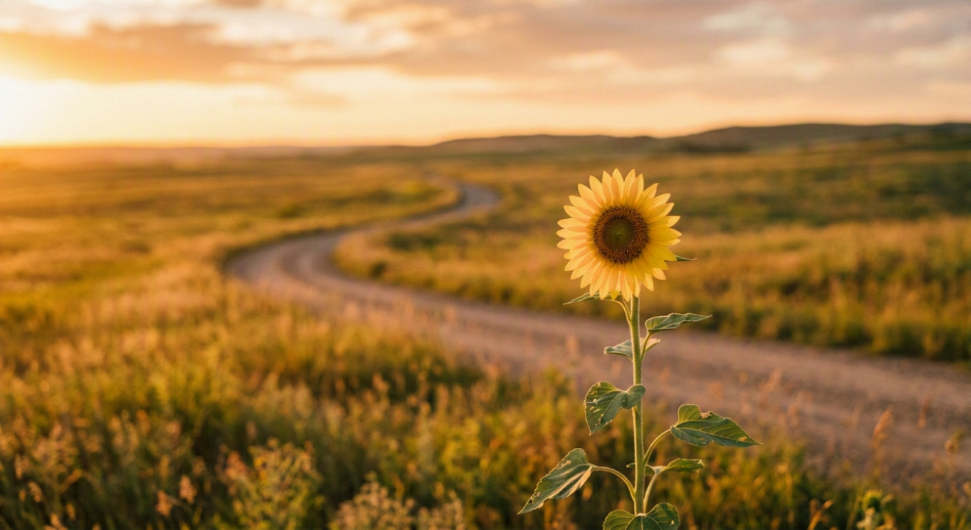 Sunflower in soft focus beside a dirt road leading toward a golden horizon. The road they never traveled.