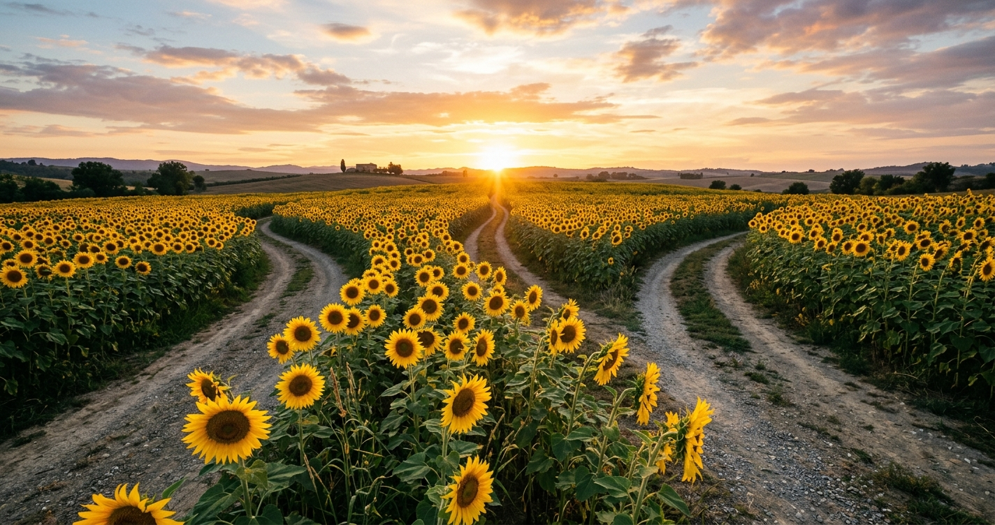 Three paths through a sunflower field converging toward golden light at sunset.