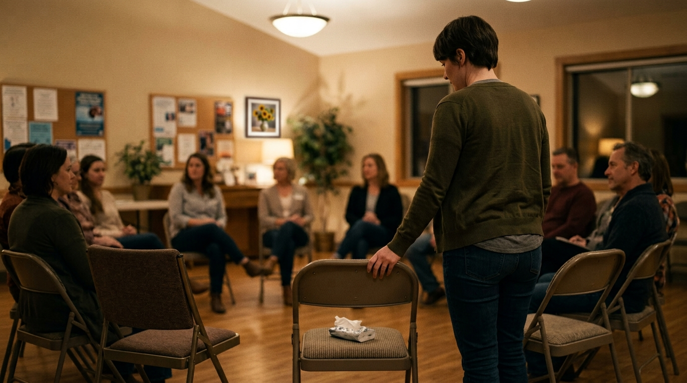A person seen from behind stands at the edge of a support group circle, one hand resting on an empty chair.