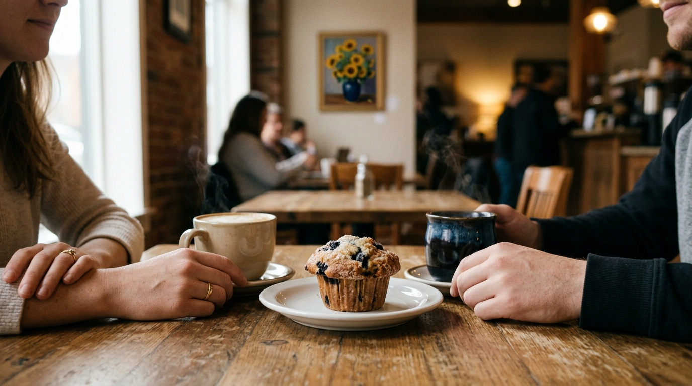 Cinematic photo of two people sharing coffee and a muffin at a table, faces out of frame, evoking quiet closeness after loss.
