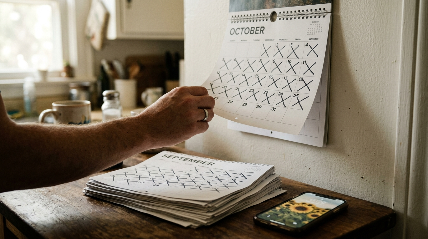 Cinematic photo of a used calendar in golden light, representing hope and long term healing after suicide loss.