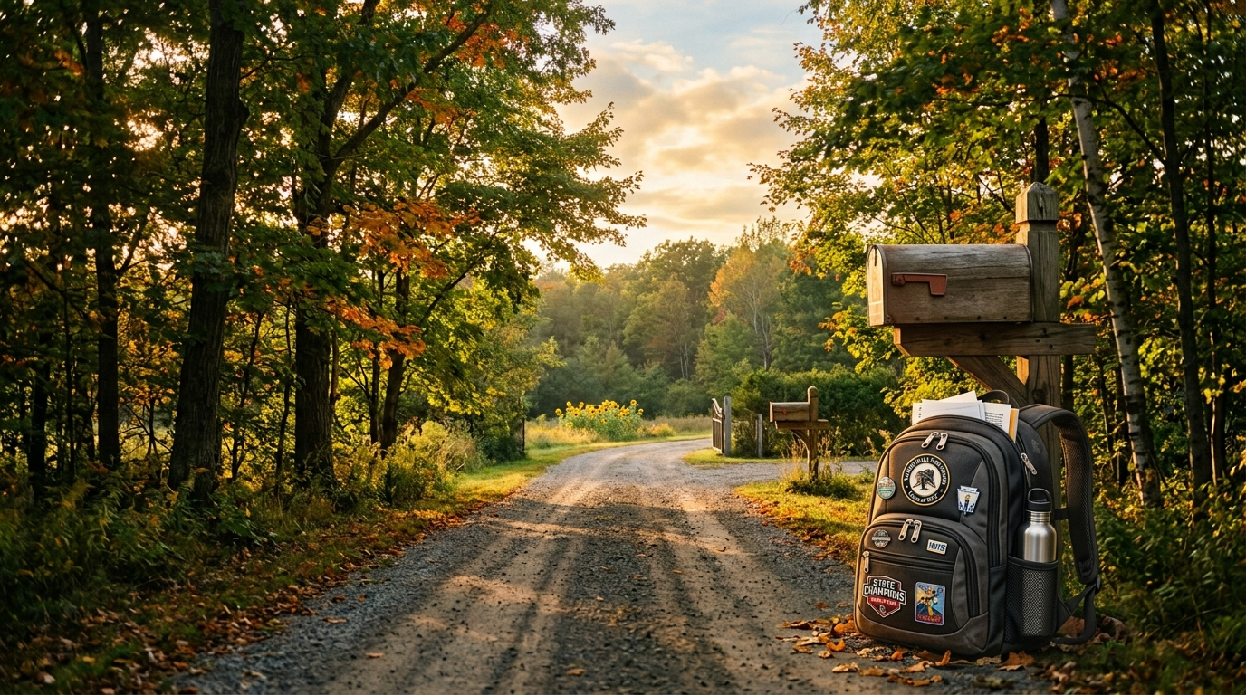 Golden hour photo of a tree-lined driveway in early autumn, evoking seasonal transition