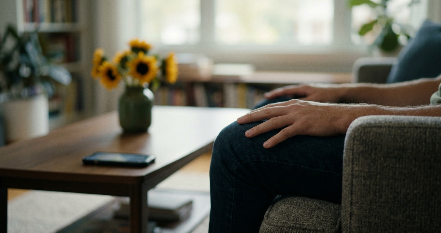 Close-up of calm hands resting on knees near a set-aside phone.