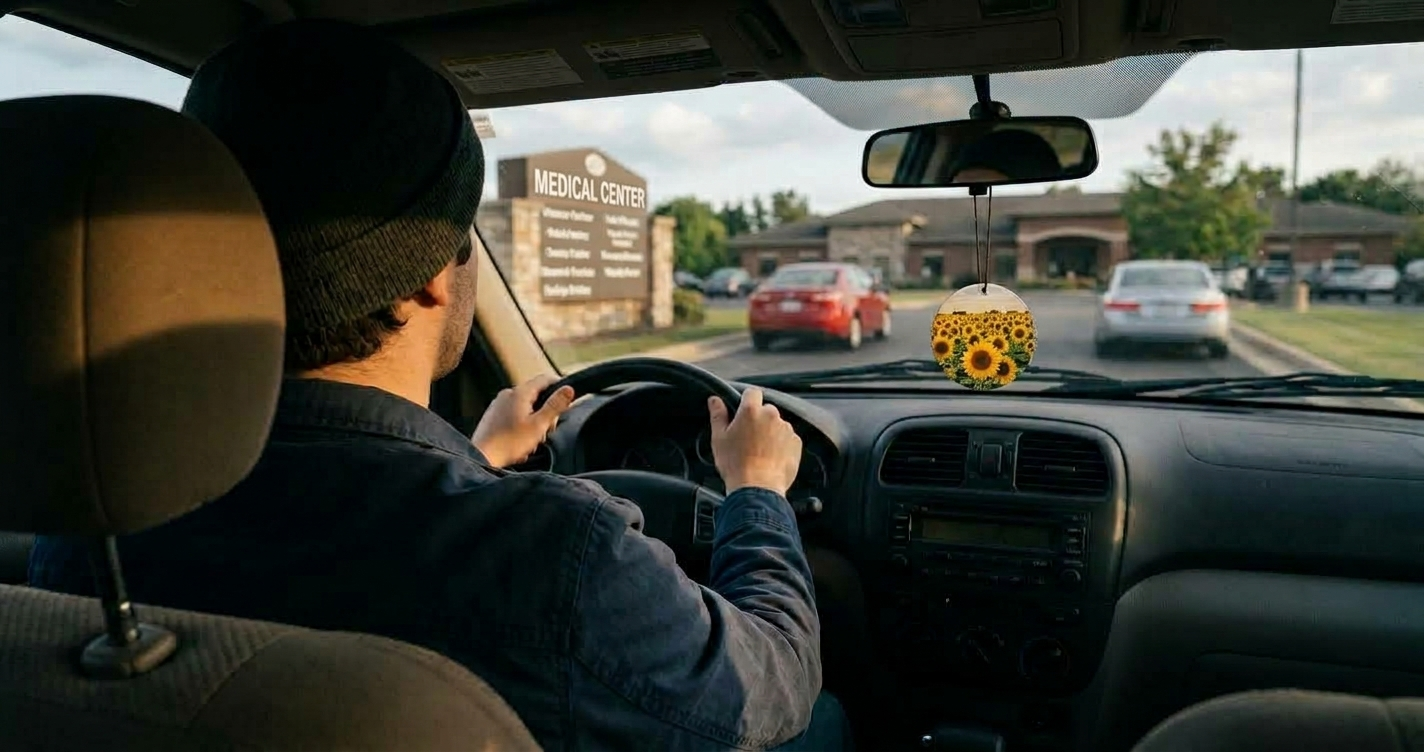 Cinematic photograph of someone driving toward a medical center with sunflowers on the rear view mirror, representing the choice to seek care during long-term grief after suicide loss.