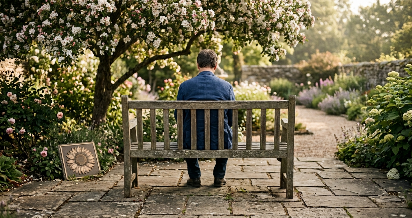 Person sitting on a garden bench from behind, a quiet space for grief.