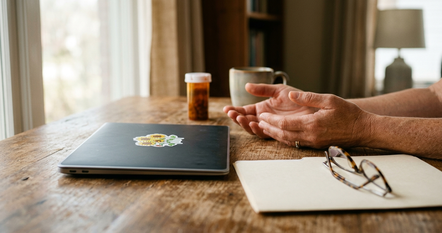 Hands resting near a laptop and folder, representing substances and suicide loss grief.