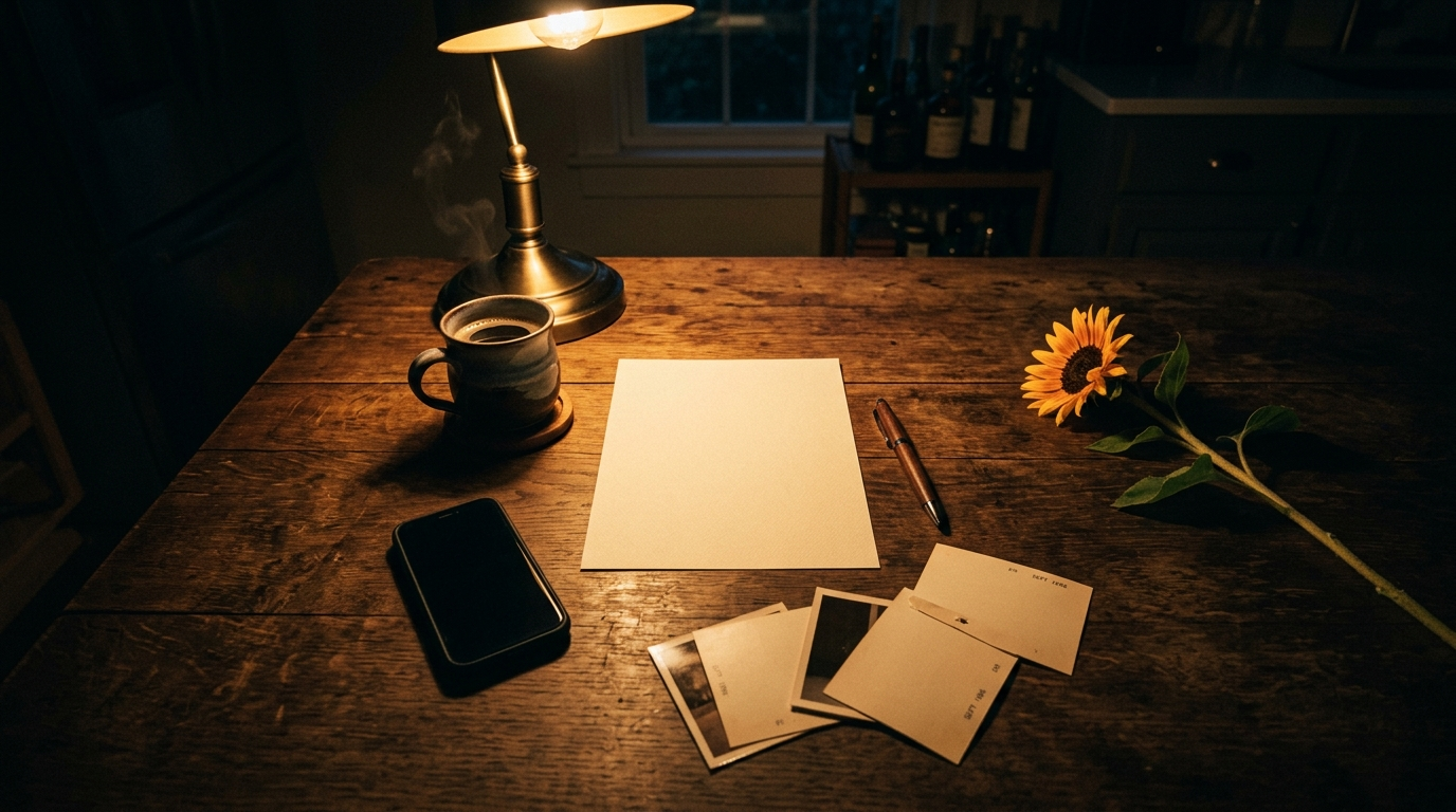 A blank sheet of paper and a pen on a table under lamplight at night.